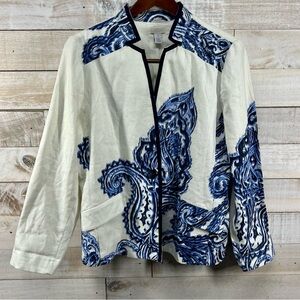 Chicos 100%‎ Linen Open Blazer Jacket Large White Blue Paisley Coastal Vacation